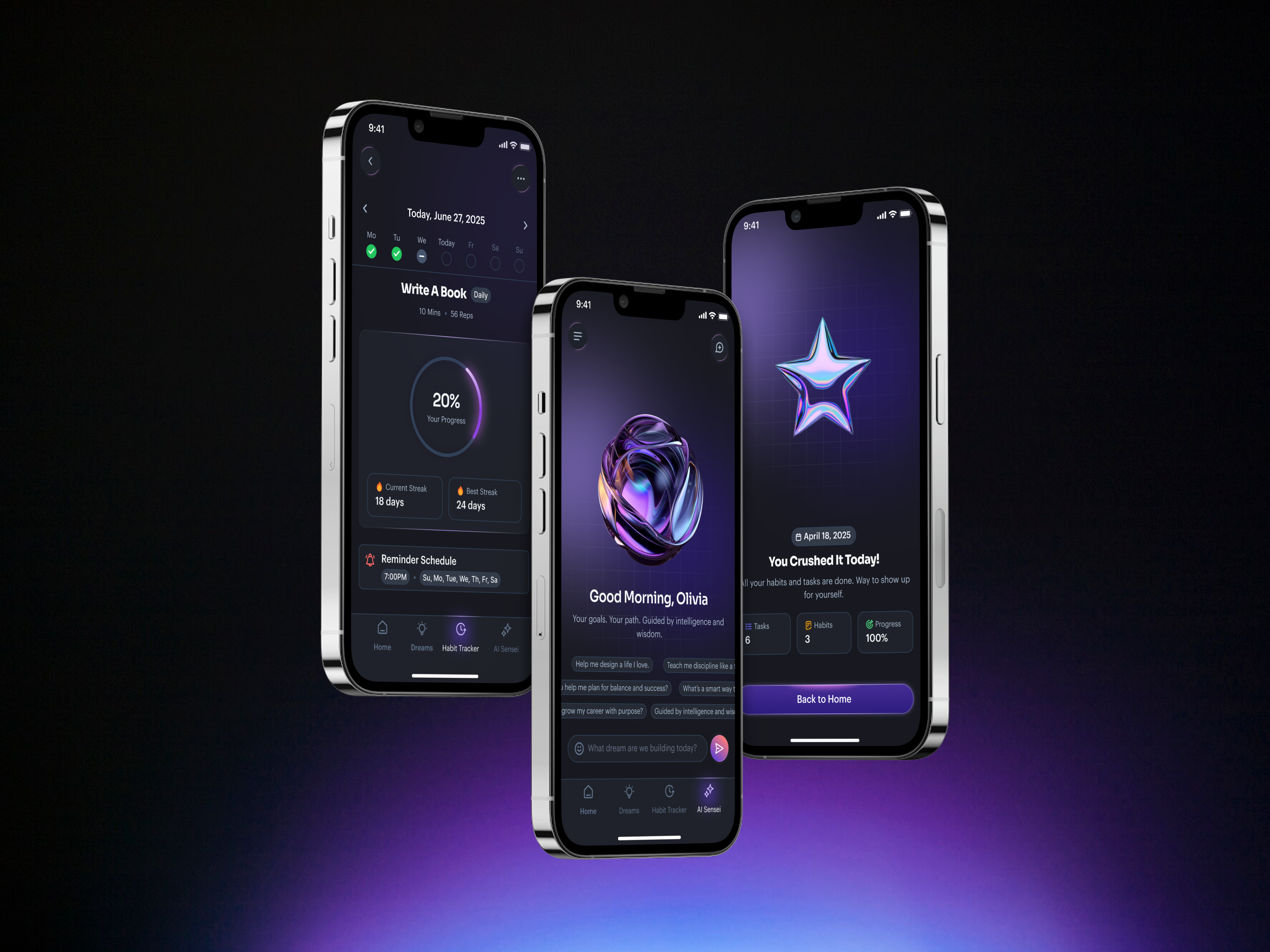 An AI habit tracker and productivity mobile app redesign